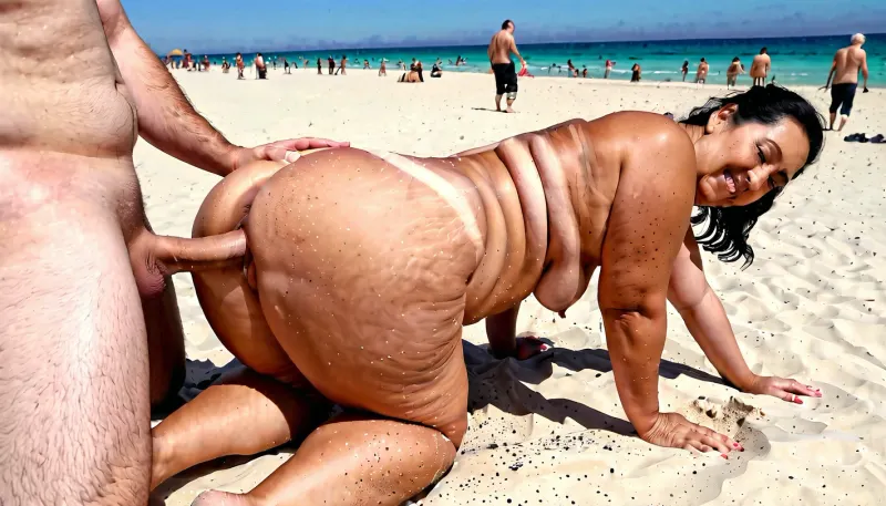 There are three people on the beach. Two fat old man and one fat Grandma Mexican. Everyone is 72 years old. They're all naked. They are all Mexicans. One thick old man kneels in the sand and spread his butts, he sees his anus and balls. The old man has thick beautiful butts. The fat grandmother put their finger in the butt thick Mexican who kneels in the sand. Anuses are visible in details. The second thick Mexican put his dick in the mouth with another thick Mexican who kneels in the sand. Around them there are naked old people who masturbate their gender organs and look at them at great. They are all visible in whole figures.