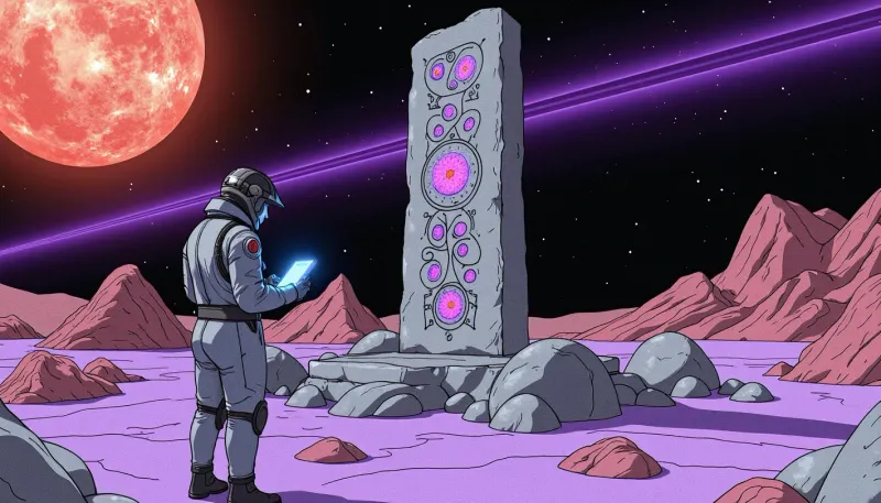 Modern colored pencil sketch {An astroarchaeologist in an armored spacesuit standing in front of a towering monolith mottled with fractal glyphs that pulse with bioluminescent energy. Alien ruins spread across the surface of an exotic planet littered with purple sand. A scientist's HUD helmet flickers with blue illumination from a holographic tablet as he busily attempts to decipher the alien symbols. A dying red giant star casts long purple streaks across the stage, its light catching the glow of a thousand other artifacts half-buried in the regolith, each one a puzzle to be solved}. colored, contrast, tone, texture, details, stylish, elegant