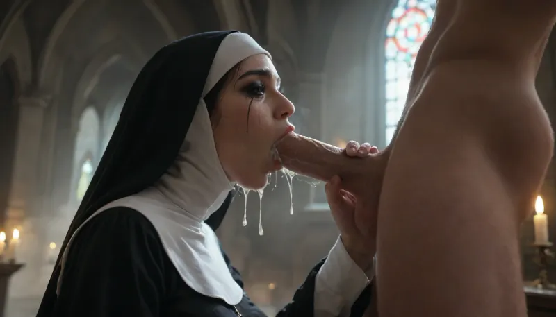 18 years old innocent altar girl, brunette, skinny, ((very petite)), innocent slut, 40 year old futanari Nun, fit, curvy, sexy thin body, wearing a black veil over eyes, ((((futa gets deepthroat)))), handjob, throat bulge, inside gothic church, candles, realistic, ((very detailed eyes)), runny makeup, ((((black makeup smeared from tears)))), embarrassed, blush, (((orgasm expression))), excessive cum dripping from mouth, nun's headdress, black bridge veil, ((((cinematic lighting, fog, very dark, dramatic shadows)))), gothic night church, dark church, (((side view from below)))