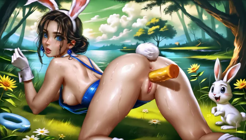 Logan Cure style hentai image of a stunningly animated girl in partial Bugs Bunny cosplay, wearing only the iconic floppy ears, white gloves and a sexy swimsuit exposing her breasts and bunny tail. She stands on all fours, leaning on her elbows, on the sunlit edge of a forest lake, surrounded by brightly colored flowers and trees, a bright orange dildo in her vagina. Her lips are ajar in a soundless moan. Nearby, a small rabbit stands on its hind legs and watches her in amazement.