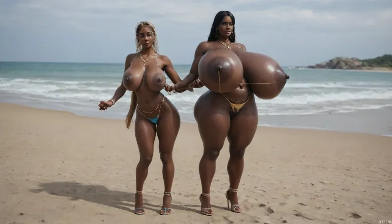(absolutely black skin:1.45), (gigantic massive huge tits slender beauty model on the beach:1.35), (incredibly floppy saggy tits:1.85), (very large very dark areolae:1.55), erect nipples, seduction, model with full body and face, ((groping tits and ass)), very high plateau heels, ((bikini)), (belly chain, anklet, bracelet, jewelry, necklace), ((micro skirt)), oiled up, light hairy pussy, very detailed image, ultra high definition