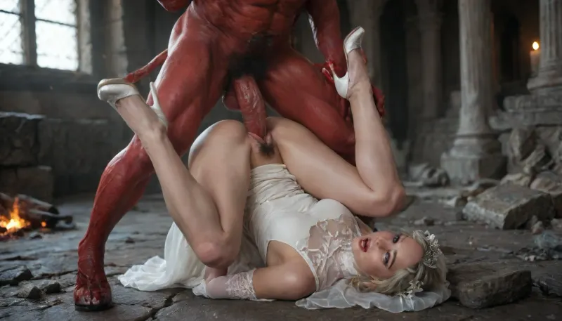 (photorealistic lifestyle photography, DSLR photo, 85mm lens, f/1.8, shallow depth of field, soft natural window light, realistic shadows, visible skin pores, subtle skin imperfections, natural color grading, true-to-life colors, slight film grain), (1girl mature:1.8), (1demon devil:1.5), (big breast:1.5), (sagging breasts:1.2), (pear-shaped breasts:1.2), (very pronounced bimbo makeup:1.3), (mascara for long lashes:1.3), (intense black eyeliner:1.3), (random intense eyeshadow colours:1.8), (random bright lipstick:1.3), (pink blush:1.3), (nail polish:1.3), (red nails:1.3), long hair, (very dark-red hair:1.4), barefoot, pussy, ((gloves, dress, wedding dress, elbow gloves, white dress, white stiletto heeled shoes), , :1.5), red skin, hair ornament, lying, missionary, ((spread legs, legs up, girl upside down)), devil demon squating, penetrate vaginal, (huge devil demon penis:1.5), on back, monster, devil demon, folded, hard raped, hetero, white gloves, horns, interspecies, sharp teeth, bridal veil, sweat, photorealistic infernal temple, ancient stone ruins, volcanic ground and flowing lava, red hellfire glow, thick smoke, floating embers, dramatic cinematic atmosphere, two distinct characters, separate bodies, no fusion, (pussy hair:1.5), white, thighhighs, (short, hair:1.7), hair, on, one, eye, frills, puff, sleeves, (white, bridal, dress, veil:1.5), Red, Skin, demon, Black, wings, creature, <lora:Nier_Automata_2B_White_Wedding_Dress_Bride_Cosplay_Realistic_LoRA:2>, <lora:demonXL:.4>