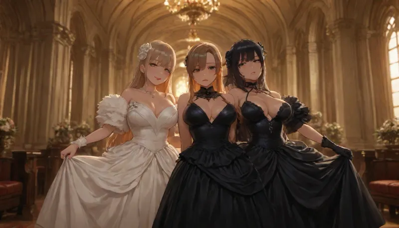 Cinematic, 35mm, Golden Hour, sumptuous ballroom, debutant's ball, goth girl dressed like a prostitute, is surrounded by beautiful debutants standing around her, the girls wear expensive ball gowns, gowns are a variety of styles and colors, several girls have ample breasts