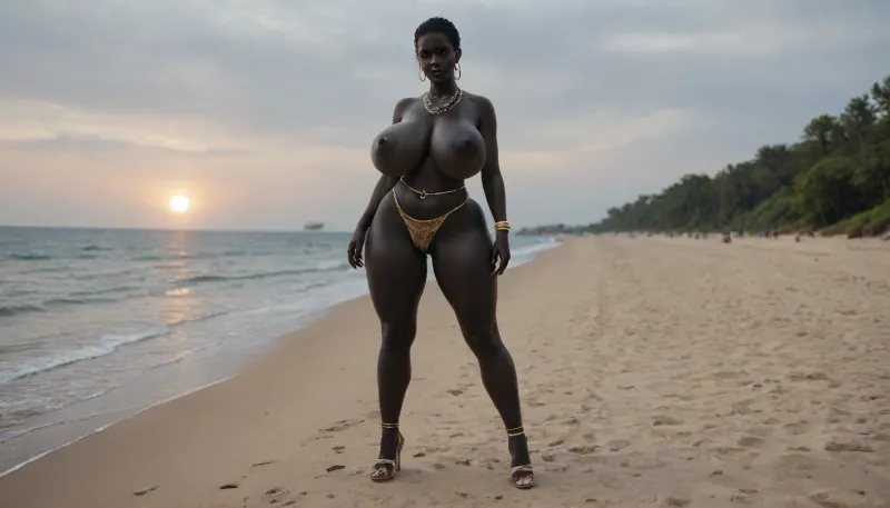 (absolutely black skin:1.85), (gigantic massive huge tits slender beauty model on the beach:1.25), (incredibly floppy saggy tits:1.35), (very large very dark areolae:1.25), erect nipples, seduction, model with full body and face, ((groping tits and ass)), ((very high plateau heels)), (bikini), ((belly chain, anklet, bracelet, jewelry, necklace)), (micro skirt, sun dress), oiled up, light hairy pussy, very detailed image, ultra high definition