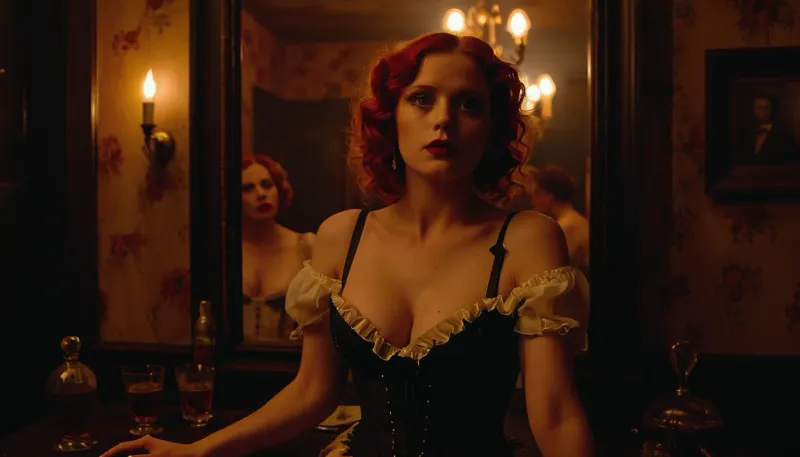 Backstage of a 1930’s jazz club in a victorian era house, red haired burlesque dancer already past her primest stage age, by the makeup table, staring at the mirror in disbelief, after too many sweet and sour rum drinks and straight whiskey she is starting to fall into delirium and hallusinate, she feels the end of the world near as the view in the mirror reflects stars galaxies and undescripable ancient horrors like the water of a still black lake, the room fills with smoke smelling like sulphur, the shadows in the corners of the room attack her, the paint patterns of the ceiling join in the orgy, her dress rips apart as the tentacles of shadows penetrate her, tearing away away her frilly panties and exposing her heavy breasts now only covered with pasties, dozens of glimmering eyes, the eyes stare her bush from the shades of the room, suddenly the evil forces tuck the laces of her corset so tight, almost stopping her heart, she crasps the corner of the table as the sensation of drowning fills her, she feels her guts crushed by the shadowy forces violently penetrating the holes of her body, horror, scene, dark, glowing, eyes, <lora:3cfdf102b8e09e99ae7eb77b194d9459:.6>, <lora:MJ52:.8>, <lora:EldritchCandids1.1.2:2>