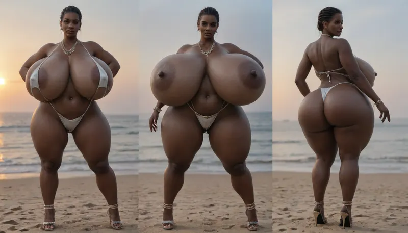 (absolutely black skin:1.85), (gigantic massive huge tits slender beauty model on the beach:1.45), (incredibly floppy saggy tits:1.35), (very large very dark areolae:1.25), erect nipples, seduction, model with full body and face, ((groping tits and ass)), ((very high plateau heels)), (bikini), ((belly chain, anklet, bracelet, jewelry, necklace)), (micro skirt, sun dress), oiled up, light hairy pussy, very detailed image, ultra high definition