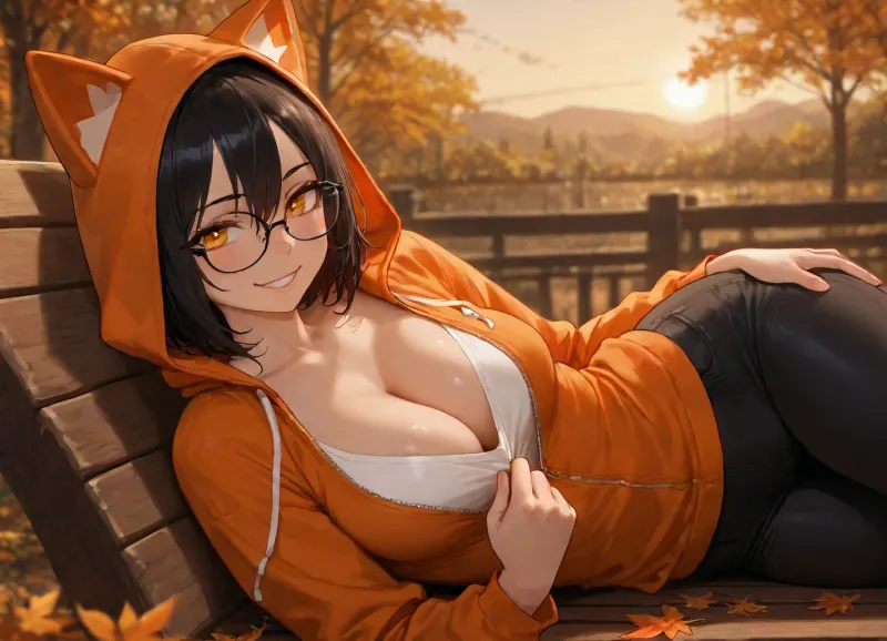 (solo:1.3), (warm colors:1.3), autumn, beautiful sky, sunset, maple leaves, lying on bench, mature face, warm eyes, grin, black hair, orange eyes, (sparkling eyes:1.1), (glowing eyes:.9), (slim body:1.3), zip hoodie, open hoodie, (oversized hoodie), (orange hoodie), v-neck shirt, white shirt, (black jeans), (big tits:.9), (lipstick:.7), short hair, hood on, (cat ear hoodie), (side view:.4), looking at viewer, (deep cleavage:1.2), shirt pulling, thick black glasses