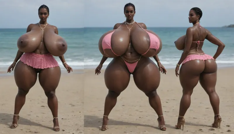 (absolutely black skin:1.85), (gigantic massive huge tits slender beauty model on the beach:1.55), (incredibly floppy saggy tits:1.35), (very large very dark areolae:1.25), erect nipples, seduction, model with full body and face, ((groping tits and ass)), ((very high plateau heels)), (bikini), ((belly chain, anklet, bracelet, jewelry, necklace)), (micro skirt, sun dress), oiled up, light hairy pussy, very detailed image, ultra high definition