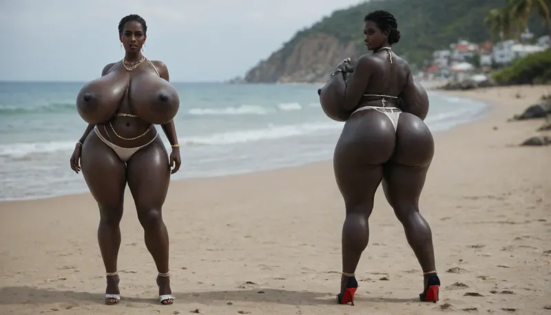 (absolutely black skin:1.85), (gigantic massive huge tits slender beauty model on the beach:1.25), (incredibly floppy saggy tits:1.35), (very large very dark areolae:1.25), erect nipples, seduction, model with full body and face, ((groping tits and ass)), ((very high plateau heels)), (bikini), ((belly chain, anklet, bracelet, jewelry, necklace)), (micro skirt, sun dress), oiled up, light hairy pussy, very detailed image, ultra high definition
