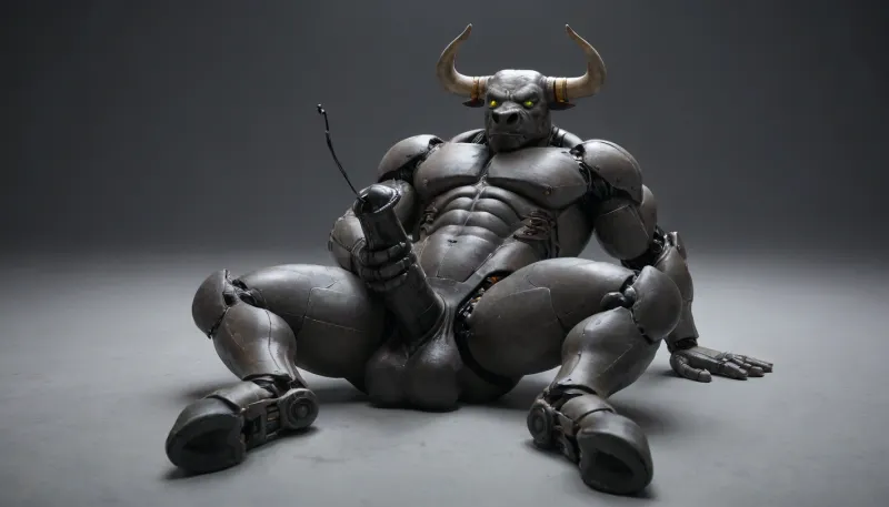 muscular male android, transparent robotic parts with glowing lights, mechanical body parts, guns in hand, fixed stare straight ahead, full body view. 1solo furry cyborgbull, solo, full body view, front view, full figured big anthro robot bull exposes its self, huge knotty cock, big ass, wide open asshole, hard erection, full exposed, hooves, horse phallus, horse penis, equine cock. Bovine android. Horns. Bulky. Flared cock. Bulky. Cow tail. Minotaur android. Cyborg Minotaur. Robot penis. Metal skin. Chrome plated. Exposed wires. Metal horns. Robot with a bull head. Mechanical body. Robot body. Cute cow face. Bovine head shape. Hooves. Metal body parts. Robot arms. Cybernetic implants. Glowing light in chest. Metal skin. Chrome skin. Robotic legs. Metal hooves. Sci-fi. Metal face. Glowing robot eyes. Mostly robotic. 25% flesh. Metal cock. Visible robo joints. Stroking his robocock. Cumming a black liquid, masturbation, orgasm, black cum, black semen. Hand on own penis. Black liquid coming out of cock. Erect cock. Lots of cum. Oversized balls. Laying down.