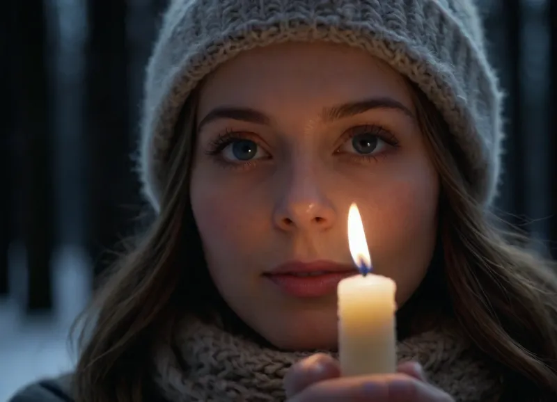 Extreme close-up portrait of a beautiful 25-year-old woman standing outdoors at night in deep winter. The scene is dominated by darkness, yet a snow-covered winter forest is faintly visible in the background, only as soft silhouettes and subtle depth. Snow on the ground and branches gently reflects minimal ambient light, hinting at the cold landscape surrounding her. She holds a single lit candle close to her face. The warm flame is the primary light source, illuminating her features with soft, natural highlights and deep shadows. Her expression is peaceful, happy, and serene as she sings quietly. With each breath, visible vapor forms in the cold air, drifting slowly from her lips, enhanced by the candlelight. Her blue eyes are highly detailed and realistic, reflecting the small flame naturally. Eyelashes, eyebrows, fine facial hairs, and skin texture are rendered with extreme precision. She wears a knitted winter hat, (pudelmütze), with clearly visible fabric texture and fine fibers. Strands of hair emerge naturally beneath it. Her hands and fingers are perfectly formed, gently holding the candle, with realistic fingernails and skin detail. The background remains dark and atmospheric, focusing attention entirely on her face. Hyperrealistic, ultra-high resolution, cinematic lighting, shallow depth of field, photorealistic skin, emotional winter mood, maximum detail, natural realism