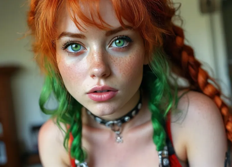 Amazon position, pointed ears, elf ears, elf, 4k calidad, Social media babe in badhroom being sexy and presenting her booty, long ginger hair with long curls, score_9, score_8_up, score_7_up, score_6_up, with, pokies, showing, off, her, tits, beautiful face, gigantic sagging natural breasts, natural breasts, blue hair, ginger bangs, split dyed hair, bangs, wide hips, tan skin, horny expression, full lips, medium length hair, (((green eyes, red eyes, Eyes of different colors))), freckles, (wearing an elaborate harness:1.4), choker, low hanging pigtail, buns, braids, cum in mouth, photorealistic, hdri, portrait, close up, realistic, super real, hyper realistic, ultra realistic, ((perfect eyes)), full view, ((Ultimate realistic photo details)), (((dynamic sexy pose))), (((bright sunlight))), detailxl, raw, lighting, overexposed, harsh, flash, amateur, puffy, nipples, dark, ghost, wide, <lora:detailed_notrigger:.8>, <lora:MJ52:.8>, <lora:Nipples XL:.8>