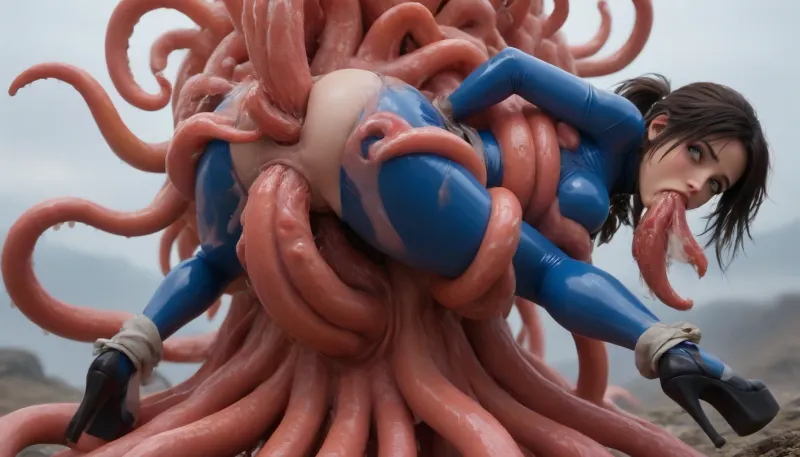 (Anime:1.5), (Woman suspended high off ground from octopus:1.5), (woman restrained and suspended from octopus:1.5), (woman’s body upright on top of octopus with her legs bound and spread:1.5), (octopus wrapped completely around front side of her body restraining and suspending her:1.5), (arms and legs entirely restrained by octopus:1.35), (carry_sex:1.5), (Highest detail:1.35), (extreme thick cum dangling from woman’s face and anus:1.35), (Triple penetration:1.5), (photorealistic face), photorealistic, (looking back over her shoulder face in view:1.35), (octopus slug wrapped completely around woman fucking anus:1.35), (octopus ponycock fucking woman's throat and anus balls deep:1.35), (colossal glowing yellow octopus slug), glowing yellow octopus and tentacles, (mounting over her:1.35), (octopus wrapped around front of her with ponycock in her anus:1.35), enormous fat hyper octopus over woman fucking her anus, (Enormous octopus slug wrapped around her body fucking her anus), (her arms and legs restrained), side angle view, (octopus ponycock in her ass:1.35), (octopus wrapped completely over front of woman), (anal penetration), octopus smothering woman, impregnation, (tight anus stretched with ponycock), (Extremely beautiful young woman:1.5), (lara Croft from tomb raider), (Extremely long hair), (long ponytail:1.3), (perfect body), high detail face, (extremely beautiful young face), (colossal fat hyper octopus fucking her mouth anus and pussy with ponycocks), fucking woman’s asshole, (triple penetration:1.35), (sucking ponycock:1.35), (deepthroat ponycock:1.35), throatfucked, (colossal thick coned ribbed ponycocks), swollen ponycocks, colossal cone shaped pony tentacles, (extremely hyper disgusted shocked facial expression:1.5), clinging to her chest, (wrapped around her hips), fucking her tight asshole, (tight sky blue latex bodysuit:1.35), (on top woman’s stomach fucking downwards in her anus:1.35), octopus fucking tight anus, tight asshole stretched by ponycock, full body view, (impossible fit), (woman's ass lifted upwards:1.5), (enormous thigh high light yellow fluffy platform heels:1.35), woman sweaty, tears, skinny woman, woman gagging on cock, sweaty, (woman covered with gooey cum), (squealing while throatfucking ponycock:1.5), testicles touching her, (extreme thick loads of gooey lumpy cum dangling from her anus and face:1.35), (woman's ass and face covered with extreme loads of thick lumpy cum), (extreme thick loads of lumpy cum dangling from her mouth and anus:1.35), (wasp waist), (skinny), (hourglass body), (High, Resolution), (More, Details), (8K), shocked, nonplussed, <lora:checkpoint-e100_s400:2>, <lora:aesthetic_anime_v1s:2>, <lora:EnvyGoddessXL06:2>, <lora:shocked:2>, <lora:EnvyBeautyXL12:2>