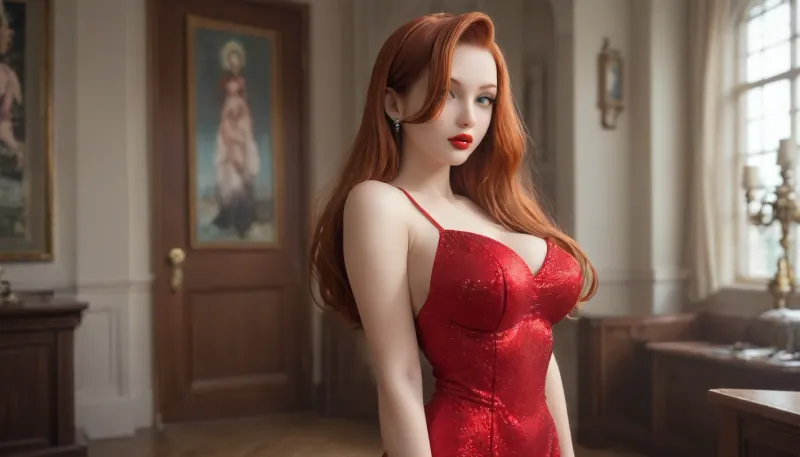 phantastic photo of jessica rabbit, roger rabbit, red, dress, JR1024, <lora:JR1024:.8>