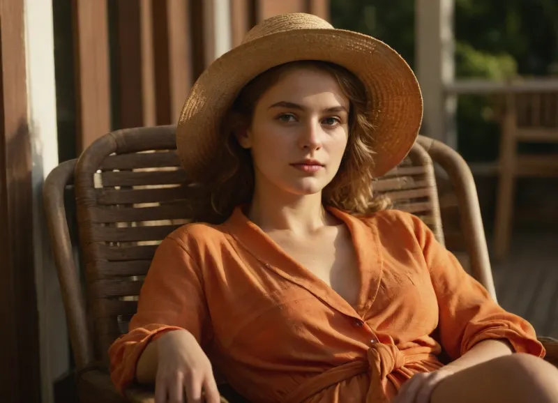 Elegant 18 year old women, (breasts exposed:1.1), reclining in a cane chair, porch, stripy orange dressing gown, old sun hat, messy hair, caught, no make-up, simple neckless, late summer evening, light and shadow, (depth of field f/2.0), (vintage film:.8), (grainy image:1), warm sepia tone, ftsy-gld, <lora:ftsy-gld:.6>