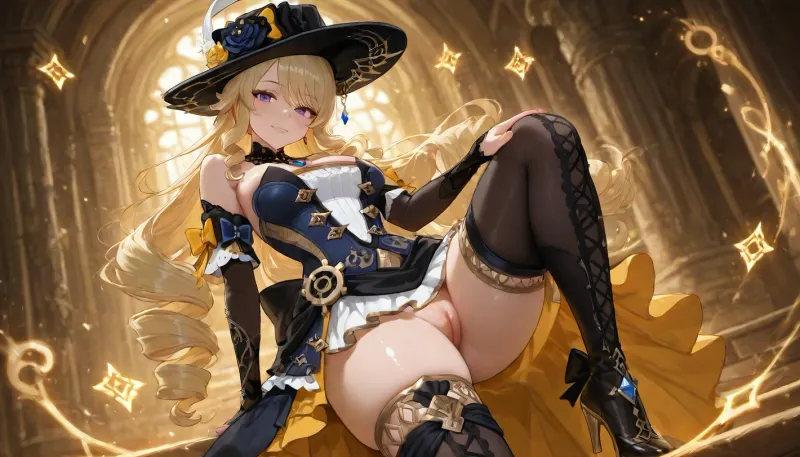 Adult, full-length girl, beautiful, fluffy dress, black steampunk style costume with yellow elements, gothic style dress, Navia from the game Genshin Impact, (long yellow hair), purple eyes, happy smile, 1 girl, bare breasts, pussy visible from under the dress, looking at viewer, shiny skin, blush, bangs, woman, _jbright__, (genshin, impact), solo, navia, (genshin, impact/), jewelry, black thigh-high stockings, black studded thigh-high boots, <lora:Navia_XL_LoRA:2>