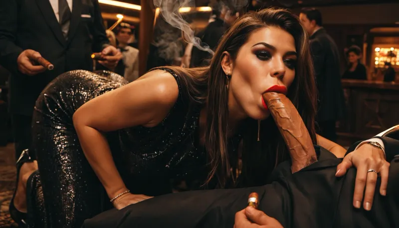 a drunk beautifull young 20yo supermodel is falling on the catwalk in a dark lighted studio and, (give an old fat full clothes businessman with cigar a blowjob:1.5), she wears a red evening dress and high heels dark makeup and have very long hair, the man put his dick in the mouth of the drunk slut, background is a catwalk in a crowded fashion show-many people, crowded place, ultra realistic, high detailed, realistic faces, man hold the girls head, massive cum is dripping from her mouth