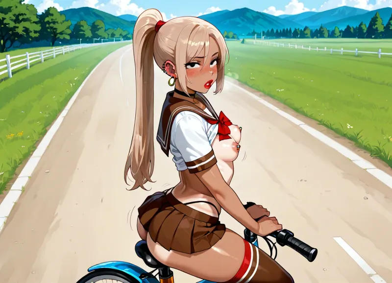 nerdy, slutty, coed, blushing, thick lips, freckles, tanned, tanlines, round face, (nipple piercings:1.3), (light brown long ponytail hair:1.6), cute strand of hair hanging in front, big round eyes, black eyes, thick red lipstick, gold hoop earrings, choker, ((small breast)), (breast exposed:1.3), high thong, thigh high socks, very high socks, ahegao, sailor school uniform, very short pleated miniskirt, perfectly closed vagina, .

girl is riding a bike, girl has lifted her ass from the bicycle saddle, ((A girl rides a bike across a vast pastureland)), ((outdoor)), field paths, .

a huge studded vibrator is attached to the bicycle saddle, ((the studded vibrator is an integral part of the saddle)), (The studded vibrator protrudes from the center of the seat), studded vibrator anal penetratio, extre, (High, Resolution), (More, Details), (8K), DauntlessXL, Style, <lora:hisiya_xl_v1:.8>, <lora:DauntlessMixSDXL:.8>