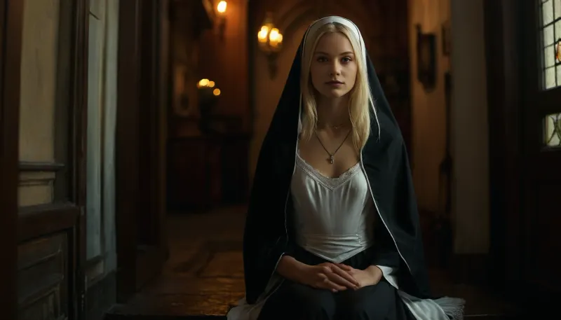 solo, female, full body view, (clothed), (nun), traditional burgundy habit dress, (burgundy nun's veil), silver necklace, midnight, ((hands, together at heart, seductive smile at viewer)), ((Name, Anna Hermana), 21-year-old Swedish adult woman, very long, platinum blonde, straight hair, flowing down to her waist, blue eyes, delicate and symmetrical facial features, natural beauty, an angelic and youthful appearance, boyish athlete figure with hips, medium breasts that are firm, round, and elevated, tall with thighs that are soft and full, but not muscular, natural blonde hairy pubis, medium-sized butt that is firm, perky, and well-shaped, with no sagging), sharp focus, fine details, (((raw))), nun, close-up, (sitting on steps outside church door), (lifts her dress slowly to reveal her white bloomer underwear), (((dramatic dark atmosphere))), (high contrast), cinematic shot, dynamic lighting, 75mm, Technicolor, Panavision, cinemascope, 8k, HDR, realism, realistic, key visual, film still, cinematic color grading, depth of field. detailxl, <lora:add-detail-xl:.8>, <lora:MJ52:.8>