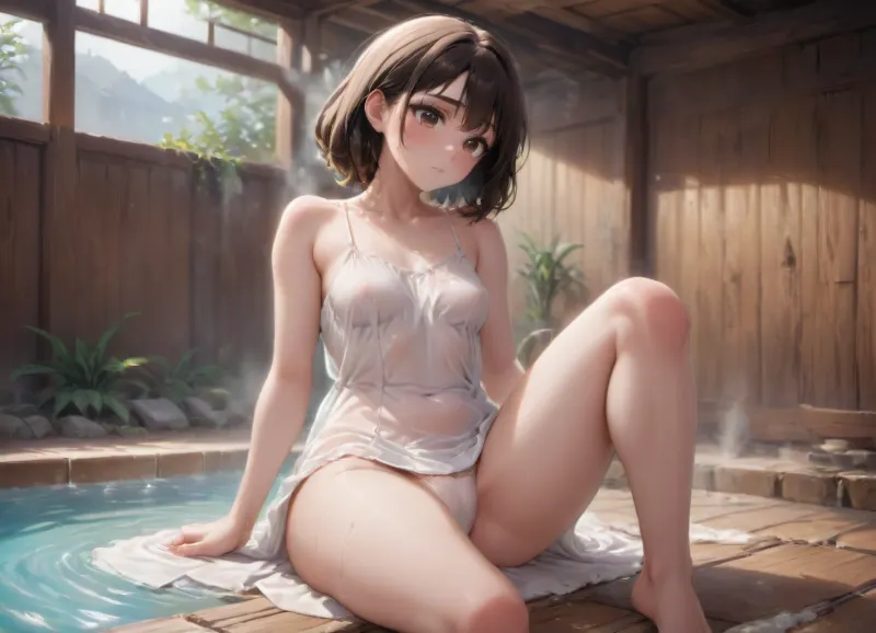 Portrait of a Japanese woman, 22 years old, narrow cute face, black shoulder-length hair, slender, small breasts, narrow hips, short height. She sits on the wooden floor of a traditional Japanese bathhouse, next to a small pool or tub of hot water. She wears thin white panties, pulled down a finger's width below her hips, and a semi-transparent white camisole with thin straps. One strap has slipped off her shoulder, revealing her collarbone and the upper part of her breast. The camisole is wet, clinging to her body, translucent. Her body glistens with sweat and moisture. Light steam rises from the water, enveloping her figure. Her hair is damp, sticking to her temples and neck. Her expression is languid, blissful — eyes half-closed, lips slightly parted. One leg is bent at the knee, her thigh relaxed and slightly open. Soft diffused light filters through the steam, creating warm golden hues and deep shadows. Wooden walls, bamboo details, a stone pool edge in the background. Intimate, sensual atmosphere, photorealistic, soft focus, warm color palette, (golden, cream, warm gray), slight grain, cinematic mood.