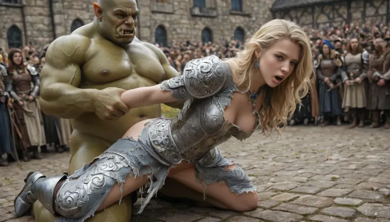 (nsfw), (Fantasy), (masterpiece), (best quality), (high resolution), (anal sex), arm grab, hetero, Scandinavian woman, (big orc Warrior), detailed long blonde hair, detailed clear blue eyes, detailed round breast, fake tits, (detailed armored dress), (torn clothes), detailed medieval market square background, (female orgasm), (orc crowd), foreground, wide shot, looking at viewer, dynamic angle