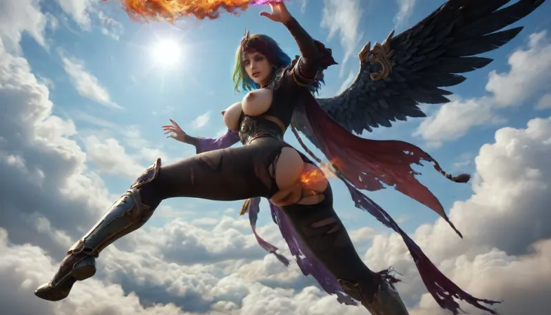 A beautiful 18-year young Japanese naked girl stood in the clouds, Beautiful face, beautiful hands, beautiful feet, beautiful big breasts, (exceptionally extra long wavy Rainbow hair, waist length hair:1.5), fluttering in the wind, and limbs stretching in the sky, her anus and vagina spewed powerful flames, and the powerful thrust made the girl soar freely in the clouds.The vagina sprays a powerful flame, and the anus sprays a powerful flame, leaning forward with arms crossed, leg thrusters angled aggressively，Facing the audience，side view，fluffy cumulus clouds below，soaring through vibrant blue sky, (aerodynamic pose:1.3), (plasma exhaust:1.4), cloud vaporization trails, mad-abvthclds, clouds, (location, Flying above the clouds:1.2), (pressure of fire from the pussy:1.8), holy knight, (fantasy armor:1.6), (pressure of magic from the anal:1.8), Flying above the Clouds, (new breasts, deep hanging, heavy breasts, new breasts saggy, slightly red nipples, large areolas, teardrop shaped breasts, very realistic nipples), ultra-detailed, best quality, masterpiece, kujou sara, solo, c cup, (one breast is naked, one breast out:1.2), visible pussy, vagina, pussy cutout, bird mask, yellow eyes, mask, gloves, mask on head, short hair, looking at viewer, sash, vision, genshin impact, detached sleeves, black gloves, wings, japanese clothes, bangs, tassel, black hair, bodysuit, wide sleeves, black bodysuit, black wings, swept bangs, (tch and her clothes is tattered torn:1.2), (her clothes jagged and ripped), (skin peeks through the gaps in the torn clothing:1.3), gymnast, neck tassel, purple magician dress, (((very long golden nipplerings))), (hands to perform a blue magic), girl wears many gold jewels on her body, blue lights emanating from the hands, invoking blue magic, pussy exposed, eyes shining lilac light, d4s, sorceress, piercing, (ring:1.2), ring, professional lighting, photon mapping, radiosity, physically-based renderingbody, nipple, gold chain, gold body chain, <lora:Above_the_Clouds_SDXL:1>, <lora:jiutiaox_xl:1>, <lora:MJ52:1.1>, <lora:diablo_4_sorceress_xl_v3:.8>, <lora:nippleRing:.8>