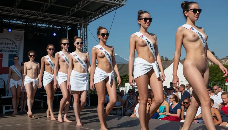(full body view), (ultrarealistic photography), miss nude contest on outdoor stage, some beautyful young french girls on stage, innocent face, petite, stunning, small tits, realistic detailed faces, girls enter the stage from the left side, walk to the right side of the stage, defilee, all girls wearing sunglasses and a white bath towel, proud smile, all girls with shaved pussy, many spectators, sunny summer day