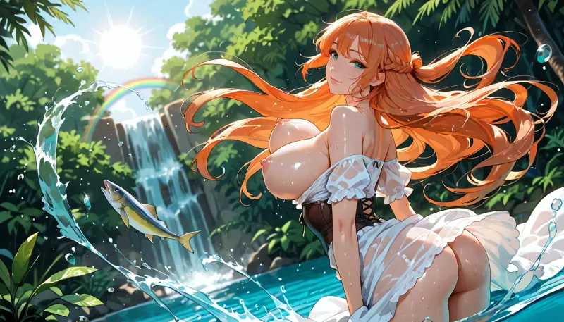 masterpiece, 4K best quality, high quality, absurdres, intricate details, very awa, depth of field, very aesthetic, rating, explicit, 1girl, orange hair, very long hair, half up braid, braid, aqua eyes, large breasts, bare shoulders, collarbone, ass, dress, white dress, no bra, see-through clothes, corset, wading, standing, arched back, leaning back, head back, (whipping hair:1.5), dress pull, smile, looking at viewer, splashing, outdoors, nature, sun shower, rainbow, water, bouncing breasts, covered nipples, nipples, water drop, wet, wet clothes, (wet hair), fish, rainbow trout, jumping fish, jumping rainbow trout, Renaissance, Renaissance clothes, realistic, solo, dutch angle, from behind, <lora:add-detail-xl:1.2>, <lora:attractive_notrigger:1.2>, <lora:detailed_notrigger:1.2>, <lora:LCMTurboMix_Euler_A_fix:1.2>, <lora:aesthetic_anime_v1s:1.2>