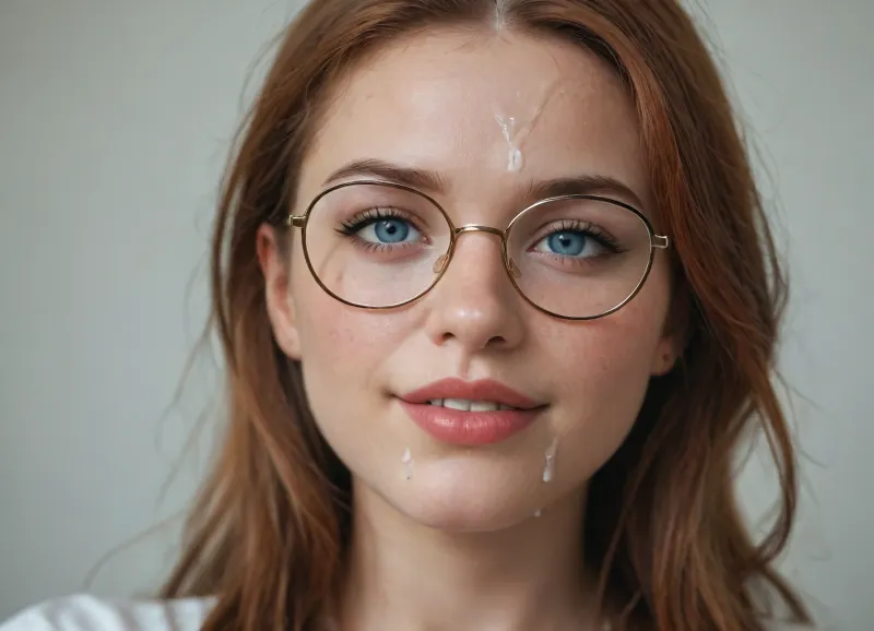 Close-up portrait. Russian girl, e-girl, 25 years old, natural redhead, long eyelash, lovely smile, long straigh hair. nerd big glasses with thick frame, Cinematic, warm light., 3g1rlmak3up, eyeliner, nose, freckles, lipstick, caricature, ((loads of cum on mouths)), ((loads of cum on nose)), ((cum on cheeks)), (cum on forehead), (cum dripping down cock)