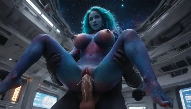 (tall:1.8), (slender:1.2), female humanoid alien, ((galaxy painted body:1.8)), (teal hair), (obsidian colored skin:1.5), natural big breasts, spaceship, (carry sex:1.6), (vagina sex:1.5), (penis deep inside:1.6), legs around his torso, (cum:1.6), large cock, low angle view