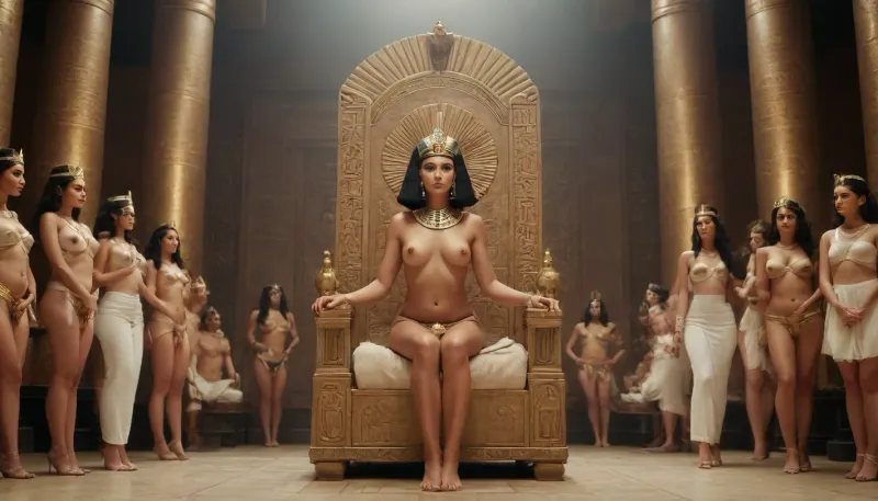 Ancient Egypt, palace, Queen Cleopatra with bare breasts sits on the throne, ((naked tanned maids stand to the right and left with fans in their hands)), 3/4 view