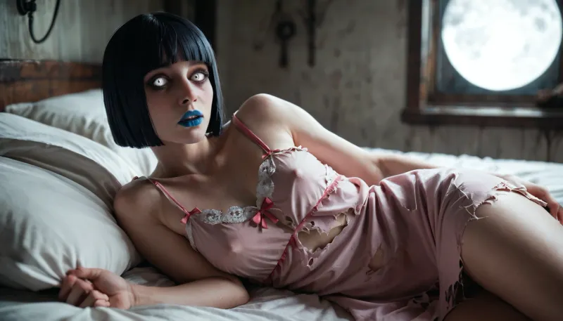 (girl in bed, ((horror film setting:1.3)), moonlight, ((obsessed:1.4)), ((white eyes)), ((blunt cut)), ((blue lipstick)), ((torn pink nightgown)))