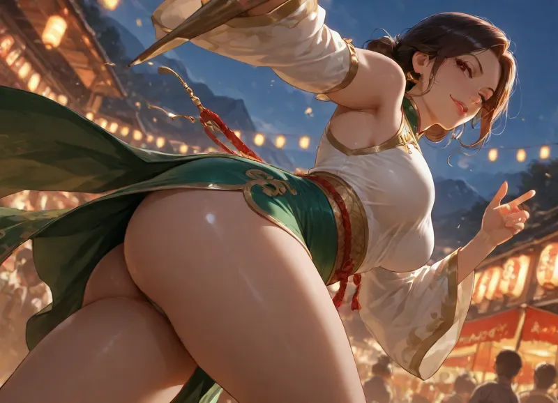 (milf, Chinese, medium breasts, smirking), mountain background, low view from side, festival, action pose, upskirt