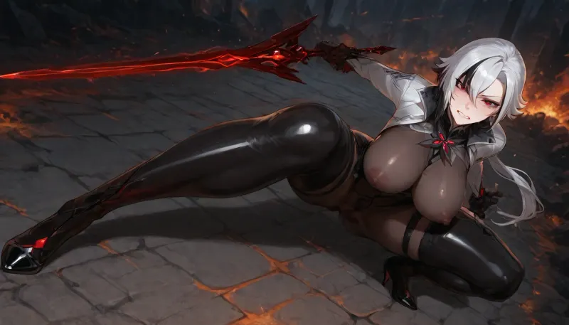 Arlecchino from Genshin Impact, beautiful mature woman, short white hair with black streaks, sharp red eyes, pale skin, dynamic full body action pose, high angle top-down view, crouching low in ready stance with legs wide open, holding Crimson Moon's Semblance diagonally across body, full body visible, wearing ultra sheer black full-body pantyhose, extremely thin transparent seamless black nylon bodysuit, micro thin see-through pantyhose covering entire body from neck to toes, delicate transparent black tights, completely sheer black stockings catsuit, skin clearly visible through fabric, soft glossy nylon texture, tight stretched sheer fabric over breasts, wide hips and crotch, pussy and anus fully visible through the sheer black pantyhose from above, (extremely dense bushy jet black pubic hair:1.45), thick black anal hair, detailed hairy anus, massively dilated anus, embarrassed yet fierce expression, looking up at viewer with heavy blush, gritted teeth, sweat on face, dramatic lighting, battlefield background with fire and dark energy, highly detailed, sharp focus, cinematic, 8k, masterpiece, best quality
