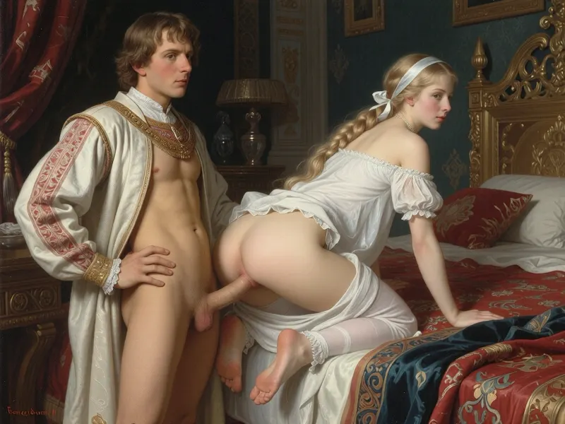 Russian artist's painting "False Dmitry I and Tsarevna Xenia Godunova" in the style of the Russian artist Vasnetsov. Young Russian Tsar Dmitry I, a historical figure who seized power in the Russian Empire, he stands in the royal bedroom of the palace, he is dressed in an open noble caftan of the early 17th century, in front of him stands on all fours at the edge of the royal bed on a very tall beautiful Russian girl, a princess with a long blond braid, like a Russian princess. A noble girl of the 17th century, white nightgown, a ribbon on her head. The hem of her white nightgown is up, (her ass are visible), (the hem of the white nightgown is pulled up:1.5), and he fucks her doggystyle. A submissive submission sex scene doggystyle vaginal sex, ((the main focus in the picture is on the tally girl)), (Historical accuracy of outfits:1.8)