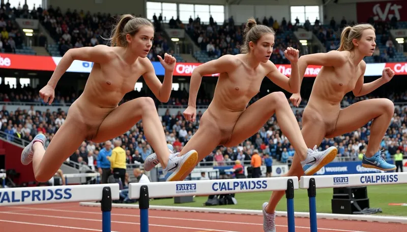 (full body view), (ultrarealistic photography), naked women athletics championship in a crowded stadium, girls wearing only sneakers, all girls with totally shaved clear pussies, hurdles sprint competition