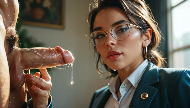 professional photography, description of woman looking at a penis dripping translucent precum, (translucent precum strings:1.2), <lora:MJ52:.8>