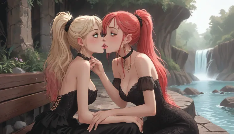 masterpiece, best quality, ultra detailed, high resolution, 8k, UHD, clear focus, depth of field, back view, over shoulder glance, cartoon, painted, illustration, low color palette, (j_cartoon:1.3), Drawing, score_9, score_8_up, score_8, Jack cayless art style, incase style, concept, realistic lighting, Two beautiful women sitting side by side on a stone bench, they kiss, First woman, long ponytail red hair, bimbo, bimbo girl, flush, bashful smile, Black satin dress, satin texture, lace texture, simple earrings, Second woman, long wavy blonde hair with pink highlights, flirtatious smile, slight blush, Dark red satin dress with deep cleavage, lace details, elegant earrings, Highlarite, Glowing Lariite, Bench of stone, river in background, middle of the day, soft natural lighting, <lora:outline_xl_kohaku_delta_spv5x:1.3>, <lora:NEOTOKIOXL_0.2_RC:.7>, <lora:Ppolar-P3v1-NbVp10:.7>, <lora:cartoon_stickers_xl_v1:.5>