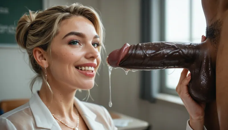 professional photography, description of woman looking at a huge black penis dripping translucent precum, (long translucent precum strings from the penis:1.3), smiling, exciting, <lora:MJ52:.8>