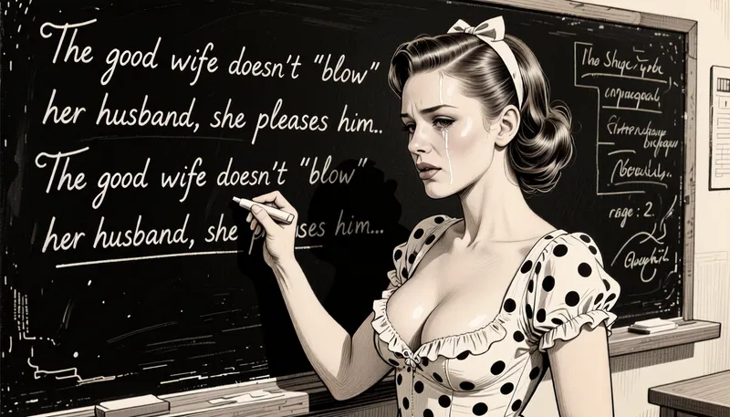 (Line art:2), (monochrome sepia ink drawing, no other color:2), (black and white:2), stylized classroom background., 1woman, solo, (a highly detailed 2/3 side view American shot drawing of a 1950s housewife at a finishing school:1.2), magnificent, beautiful, stunning, (busty), 22yo, frilly sexy dress with polka dots, (excessively sharp angular facial features:2), (excessively crooked nose:2), (protruding cleft chin:2), very upright back, pouting glossy lips, (toned arms), She has written once and is writing again at the blackboard with chalk in neat cursive letters, (one sentence per line:2), (using the full width of the blackboard:2), The good wife doesn't "blow" her husband, she pleases him. The good wife doesn't "blow" her husband, she pleases him., (ashamed, crying:1.5), (rage:2), (exasperated, defiant:2), She wears stylish understated jewelry, stylized sepia ink drawing, pen and ink technique, with cross-hatching and line work. Style of Stramaglia. Style of Bruno LeCoq. Style of Gotha. Drawn using line drawing and cross-hatching techniques to create volume, depth, and shadows. Drawn on textured paper. Fine lines and shading are visible throughout the drawing. Pen and ink style. Fine marine ink, fine pen and ink lines, surgical precision strokes in the fine details and firmness in the details of the thicker lines. Precise pen shading, ink drawing.