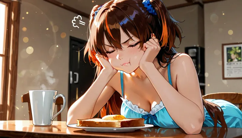score_9, score_8 up, A masterpiece, the best quality, ultra-detailed hentai anime image, 2d_anime_style, flat_shading, cel_shading, clean_lineart, bold_lines, anime_screencap, retro_shonen_anime_style, expressive_faces, vibrant_flat_colors, simple_shadows, limited_palette, dynamic_pose, hand_drawn_style, crisp_edges

2girls, Two female flatmates in modest morning nightwear both seated at the kitchen table together. Girl A, wearing pink, is reading a large full‑size newspaper, absorbed in the article. Girl B, wearing blue, sits beside her, chewing loudly on toast, visual 'chew' noises emanating from toast, completely unaware, of how distracting she is, eyes part closed, blissful look, enjoying her toast. Girl A turns head towards Girl B and shoots Girl B the side‑eye, and screws up her face, (angry face), very annoyed at girl B, not at the newspaper. Photorealistic, soft cinematic lighting, rich colour depth, shallow depth of field, detailed clothing textures, natural skin tones, crisp highlights, gentle background bokeh, full‑frame realism.

anime_colour_grading, soft_flat_highlights, simple_background_detail, stylized_proportions, smooth_gradients
