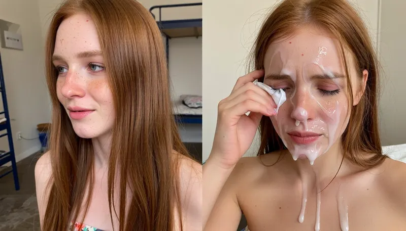 side-by-side two pictures of the same young tall extreme skinny dutch 27yo model, woman, with long straight ginger hair and freckles and tall narrow nose and narrow long face, one picture before the bukkake party and second picture after the bukkake Party. before the party she looks shy and happy with a beautiful summer dress and natural pretty face, after ther bukkake party on the second picture her face is completely covered in cum, an excessive amount of cum is on her face and in her mouth, cum is dripping down on her chest, her fake lashes are hanging down, she is cleaning her eyes with a small tissue, her hair is messy, she is looking disgusted and sad, she is crying, her face is completely destroyed. Please make an extreme contrst from first picture to second picture. the woman has to be the same pretty woman on both pictures. Background for both pictures, a dirt dorm room