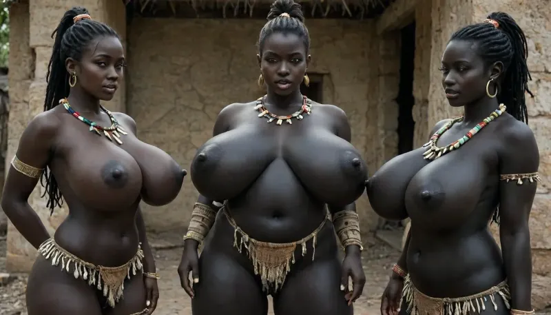 (((Caucasian Colonial expedition corps exploring an African tribe only of very huge very massive gigantic breasted and absolutely black skin tribal warrior women:1.55))), Tribal village square, ((male caucasian colonial explorers talking curious African tribal girls into blowjob)), big belly, very hairy pussy, black hair, ((huge very thick long massive cock)), African tribal updo hairstyle, proud, sincere, defiant, bored, flawless beauty, arrogant, haughty, sloppy, slutty, eager, surprised, expressive, orgasmic, excessive, pretty babe, sweet, beautiful, outstanding masterpiece, <lora:SDXL_MassiveCowsLoRA_v1:.7>, <lora:SDXL_GigaTits:.2>, <lora:melanin-XL:1>