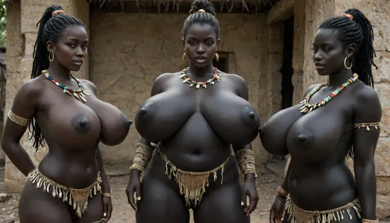 (((Caucasian Colonial expedition corps exploring an African tribe only of very huge very massive gigantic breasted and absolutely black skin tribal warrior women:1.55))), Tribal village square, ((male caucasian colonial explorers talking curious African tribal girls into blowjob)), big belly, very hairy pussy, black hair, ((huge very thick long massive cock)), African tribal updo hairstyle, proud, sincere, defiant, bored, flawless beauty, arrogant, haughty, sloppy, slutty, eager, surprised, expressive, orgasmic, excessive, pretty babe, sweet, beautiful, outstanding masterpiece, <lora:SDXL_MassiveCowsLoRA_v1:.7>, <lora:SDXL_GigaTits:.2>, <lora:melanin-XL:1>