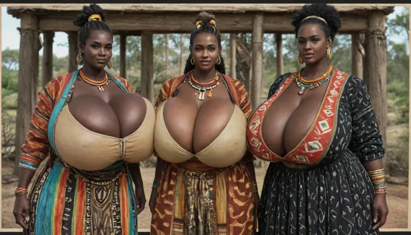 (an African tribe only of absolutely black skinned female tribal women:1.95), (very overflowing gigantic massive very saggy breasts cleavage:1.95), Tribal village square, African tribal updo hairstyle, rich decorated African traditional tribal jewelry, (colorful African traditional tribal fur clothes:1.55), (very gigantic massive overflowing colorful low cut cleavage:1.05), presenting bust, wide hips, small waist, very hairy pussy, (fully clothed, no nudity:2), loincloth, colorful kanga, colorful gomesi, colorful kitenge, colorful sarong, proud, arrogant, slutty, sloppy