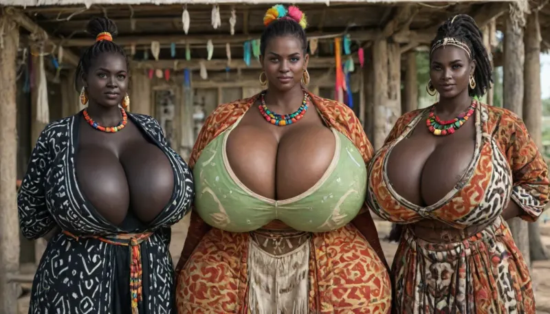 (an African tribe only of absolutely black skinned female tribal women:1.95), (very overflowing gigantic massive very saggy breasts cleavage:1.95), Tribal village square, African tribal updo hairstyle, rich decorated African traditional tribal jewelry, (colorful African traditional tribal fur clothes:1.55), (very gigantic massive overflowing colorful low cut cleavage:1.05), presenting bust, wide hips, small waist, very hairy pussy, (fully clothed, no nudity:2), loincloth, colorful kanga, colorful gomesi, colorful kitenge, colorful sarong, proud, arrogant, slutty, sloppy