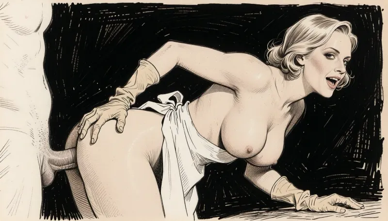 (Line art:2), (monochrome sepia ink drawing, no other color:2), (black and white:2), (ultra stylized dark background:1.3), 1woman., 2/3 side view, full body drawing of a 1930's middle-class German lady, 30 years old, 1930s style, 1930s German style blonde hair, smirking, (playing coy, but horny as hell:1.5), sharp angular facial features, long pointed chin, narrow nose, large nose, wearing a full-sized white apron covering her entire upper body and also most of her big torpedo breasts, sideboob, rubber gloves, bending forward, intentionally causing an overboob, a muscular white man is standing behind her, groping her butt, and fucks her from behind, moaning, stylized sepia ink drawing, pen and ink technique, with cross-hatching and line work. Style of Stramaglia. Style of Bruno LeCoq. Style of Gotha. Drawn using line drawing and cross-hatching techniques to create volume, depth, and shadows. Drawn on textured paper. Fine lines and shading are visible throughout the drawing. Pen and ink style. Fine marine ink, fine pen and ink lines, surgical precision strokes in the fine details and firmness in the details of the thicker lines. Precise pen shading, ink drawing.