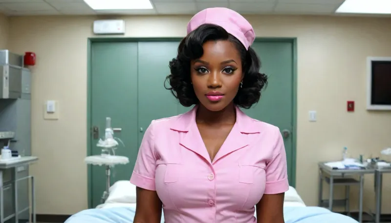 Dark skinned, ((bimbo:1.5)), Dark skinned bimbo nurse, nurse from Sudan, Sudanese model, very dark skin, bimbo model, skin shine, skin oiled, in the operating room, short bob hairstyle, curled bob, brunette, pink plump lips, pink pale lipstick, no underwear, sexy nurse uniform, high heels