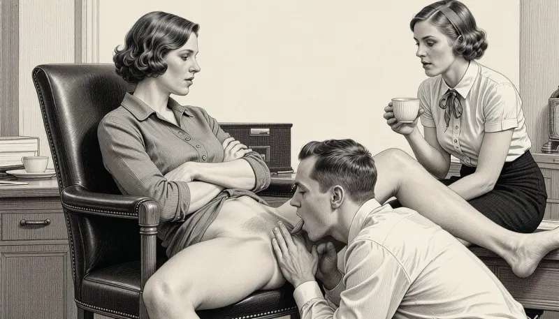 This is a detailed monochromatic pencil sketch in a classical illustrative style depicting a scene set in an office in the 1920s. A professional office setting with three individuals in an intimate interaction. A woman in a grey blouse sits in a vintage office chair, with arms across her chest, looking at a woman in a white blouse and black skirt, who holds a coffee cup. The women look at each other. The woman in the chair is naked from the waist down, her legs are spread. The young male intern kneels between the woman’s legs, his hands spreading her vagina, licking her clitoris with his tongue. The women wear typical 1920s clothes and hairdo. The scene is brightly lit with even lighting. The background includes a typical 1920s office furniture and a neutral-colored wall. The composition is centered, with a medium shot capturing the upper bodies and interactions. The overall style is a black and white pencil drawing, capturing a candid moment. The scene has a formal, organized atmosphere. The overall mood is intense, rendered in fine, expressive line work and subtle shading, evoking the style of 1920s satirical or moralistic illustrations.