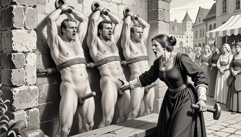 This is a monochromatic pencil sketch in a classical illustrative style depicting a scene set in an german medieval marketplace, stonewall on left side of image, 3 naked men are bound to the wall, men are 30+, men have different faces, men look very shocked, not athletic, men are slightly overweight, the men are standing on a wooden riser, men are next to each other, both hands over the head, arms straigh up, cuffs on their wrists, cuffs bound to rings in the wall, men have visible penises, men have straight erections, 1 female medieval judge is grabbinb testicles of one man with her hand, man with grabbed testicles screams in pain, female judge is 45 years old, female judge is very angry, female judge is holding a hammer in the other hand. medieval female townsfolk in the background watching in anticipation, townsfolk only women

The overall style is a black and white pencil sketch, capturing a candid moment. The scene has a brutal, dark atmosphere. The overall mood is intense, expressive line work and subtle shading, evoking the style of 1900s satirical or moralistic illustrations.